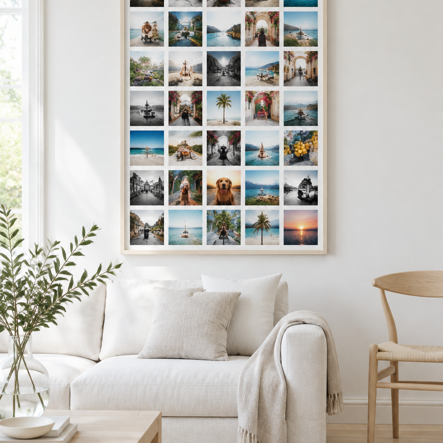 Instawall Canvas Portrait große Fotoleinwand mit naturfarbenem Schattenfugenrahmen an der Wand