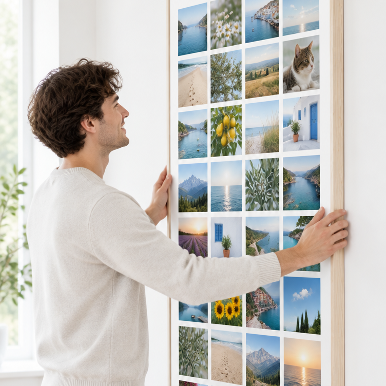 Mann hängt die Instawall Canvas Tall Fotoleinwand mit naturfarbenem Schattenfugenrahmen an die Wand