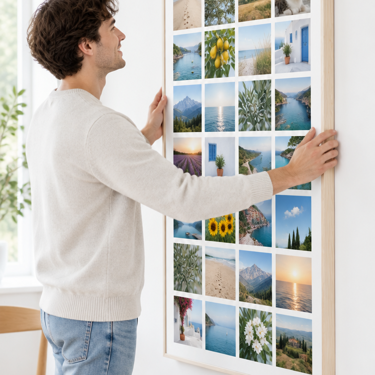 Mann hängt die Instawall Canvas Tall Fotoleinwand mit naturfarbenem Schattenfugenrahmen an die Wand