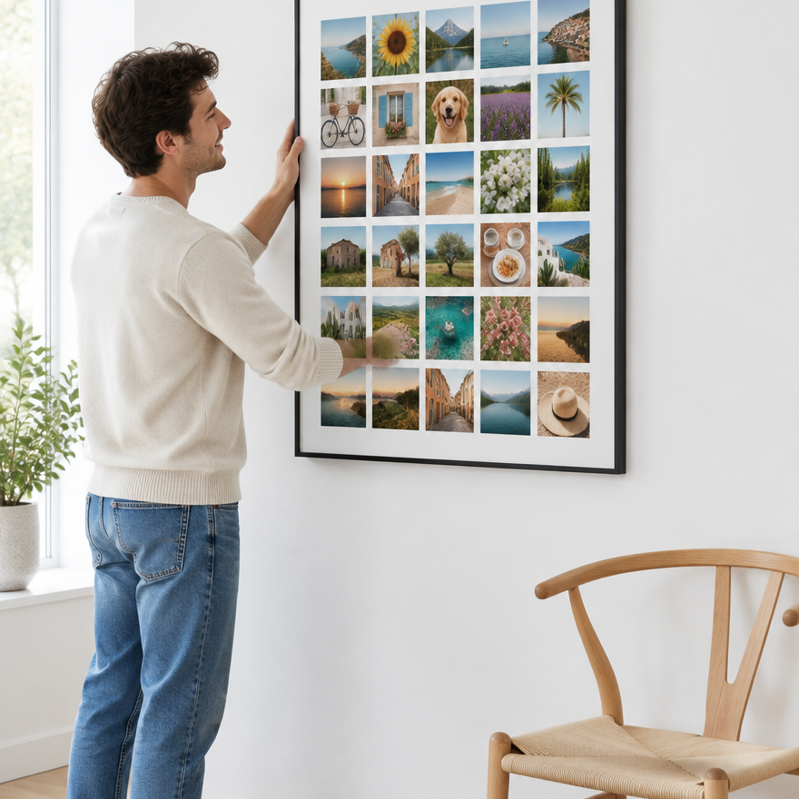Mann hängt die große Instawall Canvas Portrait Fotoleinwand mit schwarzem Schattenfugenrahmen an die Wand