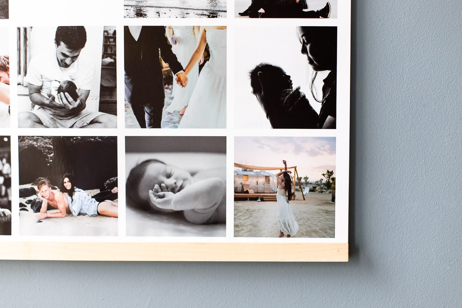 Instawall Print fotocollage op wit wandpaneel met meerdere foto’s in grid en houten lijst
