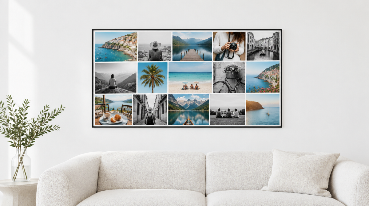 Fotocollage auf Leinwand mit schwarzem Schattenfugenrahmen über einem hellen Sofa