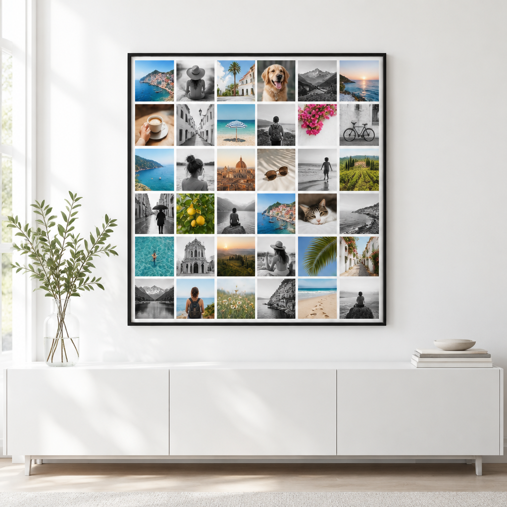 Instawall Canvas Square Fotoleinwand mit schwarzem Baklijst-Rahmen an der Wand