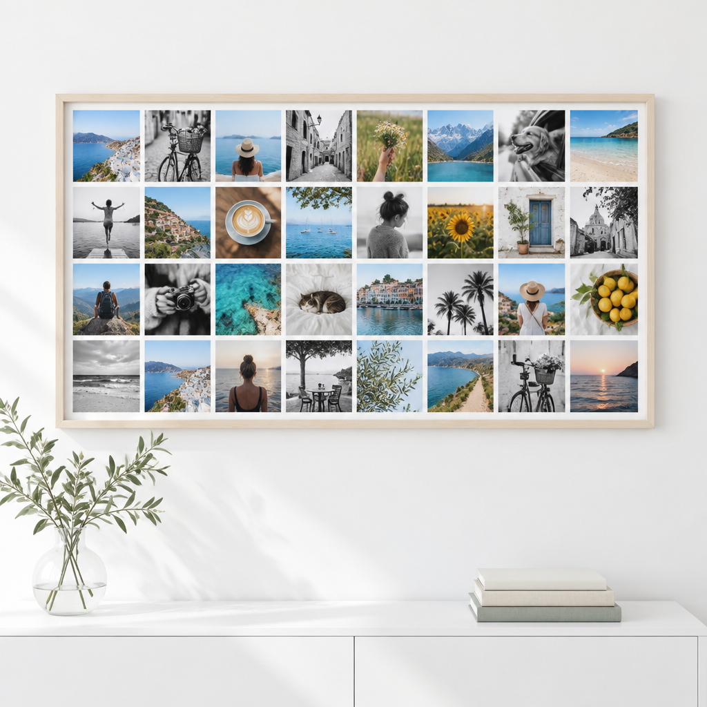 Instawall Canvas Wide Fotoleinwand mit hellem Baklijst-Rahmen an der Wand