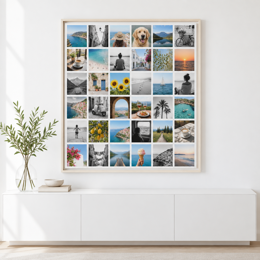 Instawall Canvas Square Fotoleinwand mit hellem Baklijst-Rahmen an der Wand