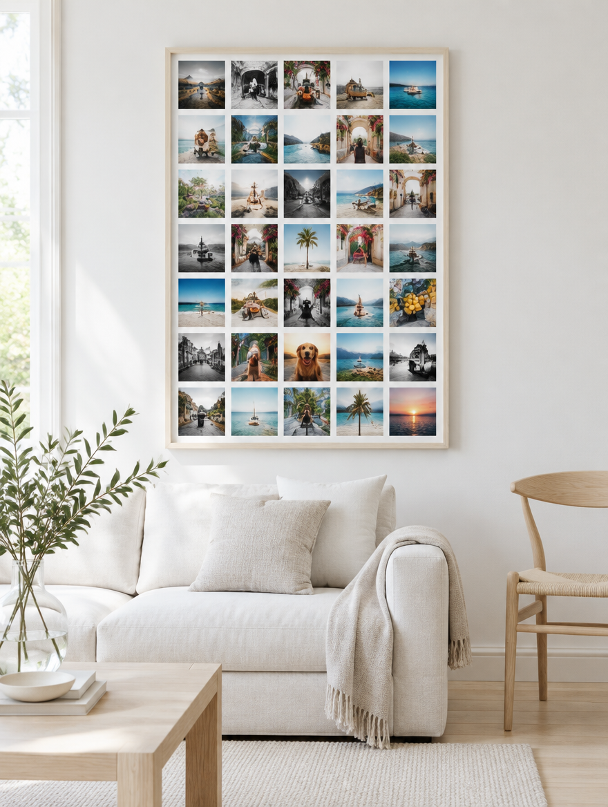 Instawall Canvas Portrait große Fotoleinwand mit hellem Baklijst-Rahmen an der Wand