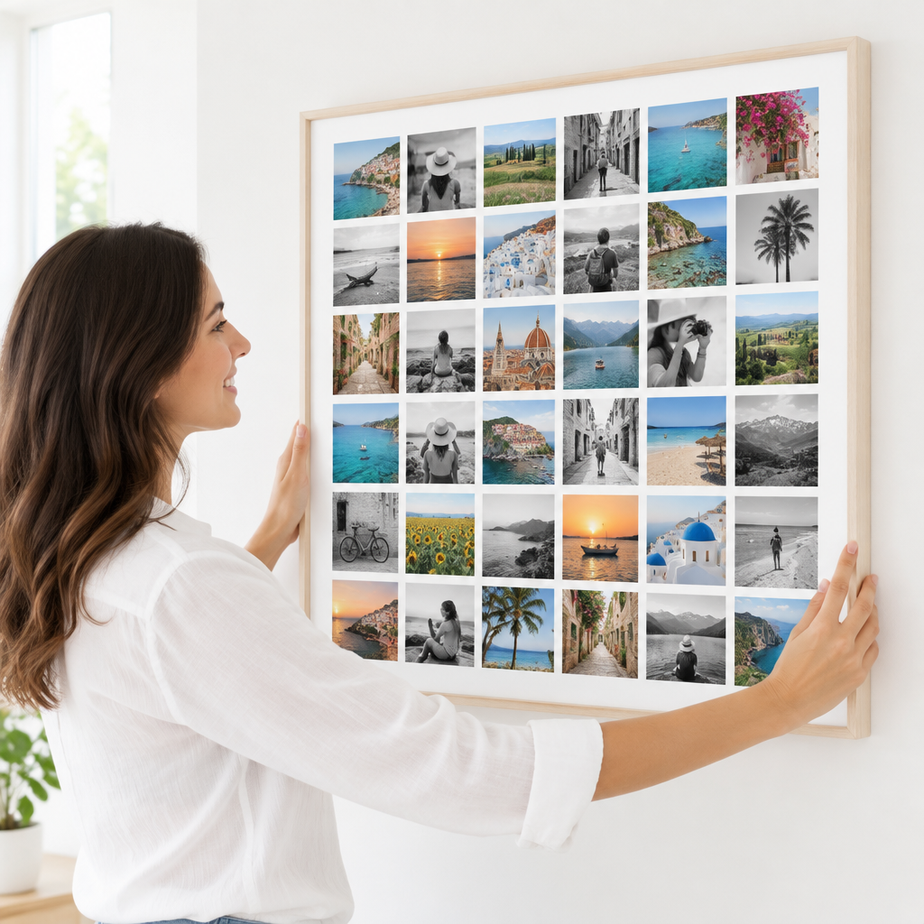 Frau hängt die Instawall Canvas Square Fotoleinwand mit hellem Baklijst-Rahmen an die Wand