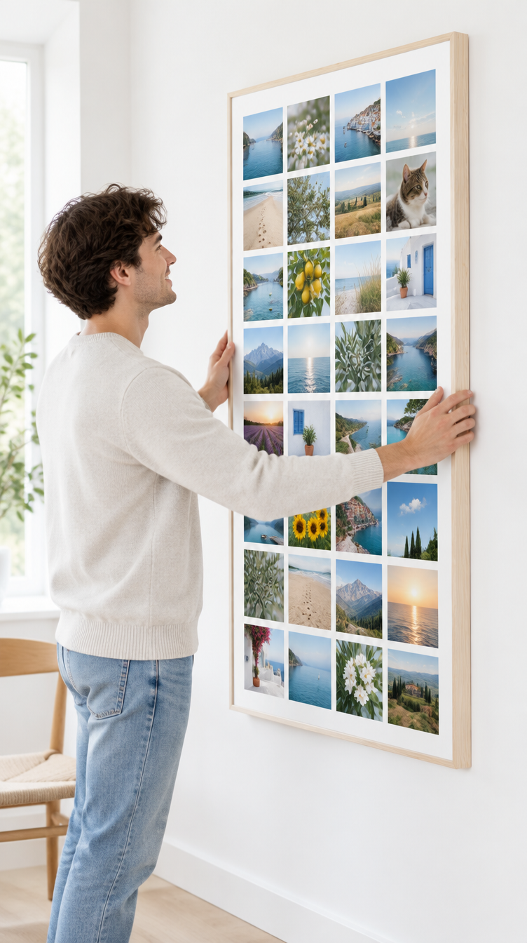 Mann hängt die Instawall Canvas Tall Fotoleinwand mit hellem Baklijst-Rahmen an die Wand
