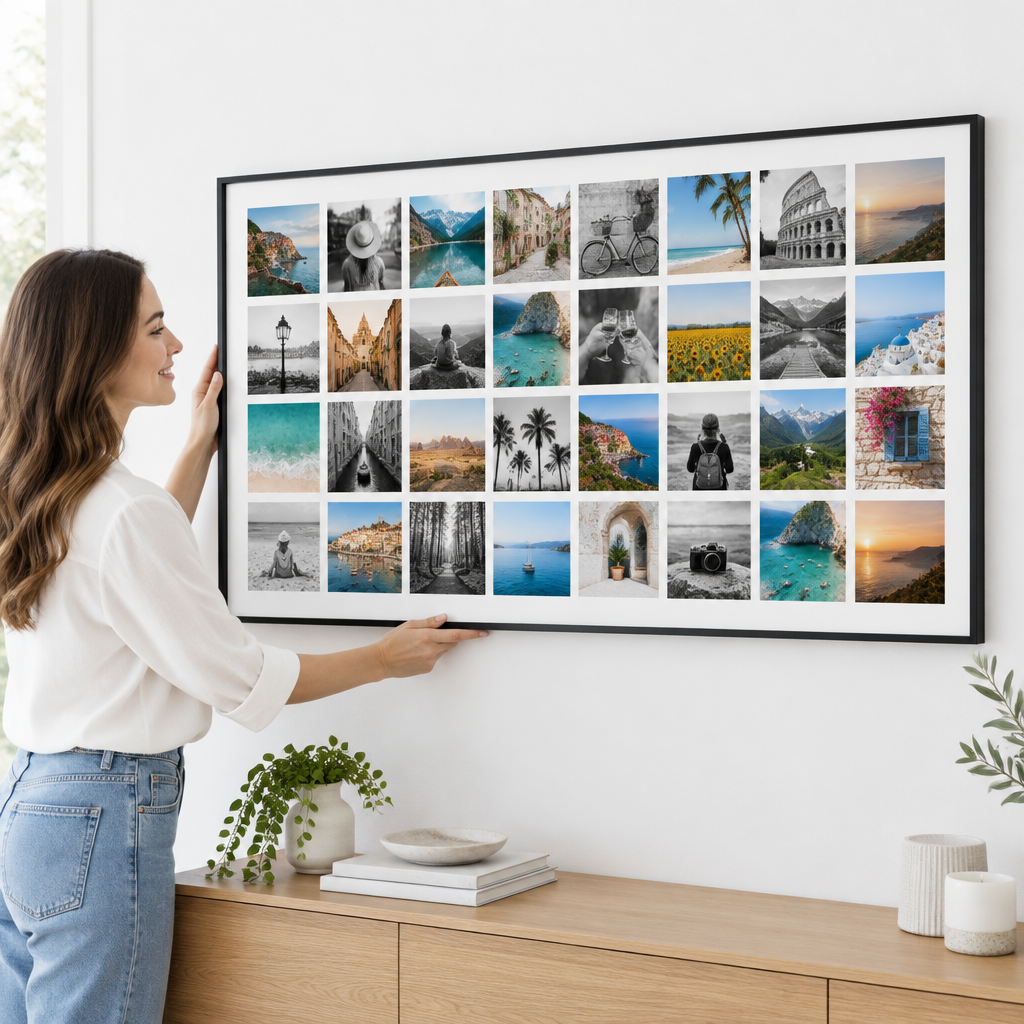 Frau hängt die Instawall Canvas Wide Fotoleinwand mit schwarzem Baklijst-Rahmen an die Wand