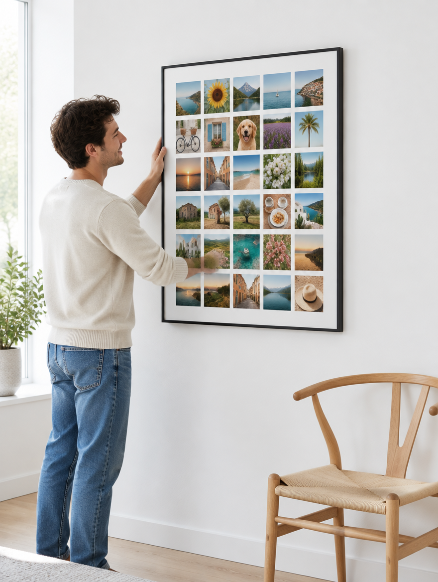 Mann hängt die große Instawall Canvas Portrait Fotoleinwand mit schwarzem Baklijst-Rahmen an die Wand